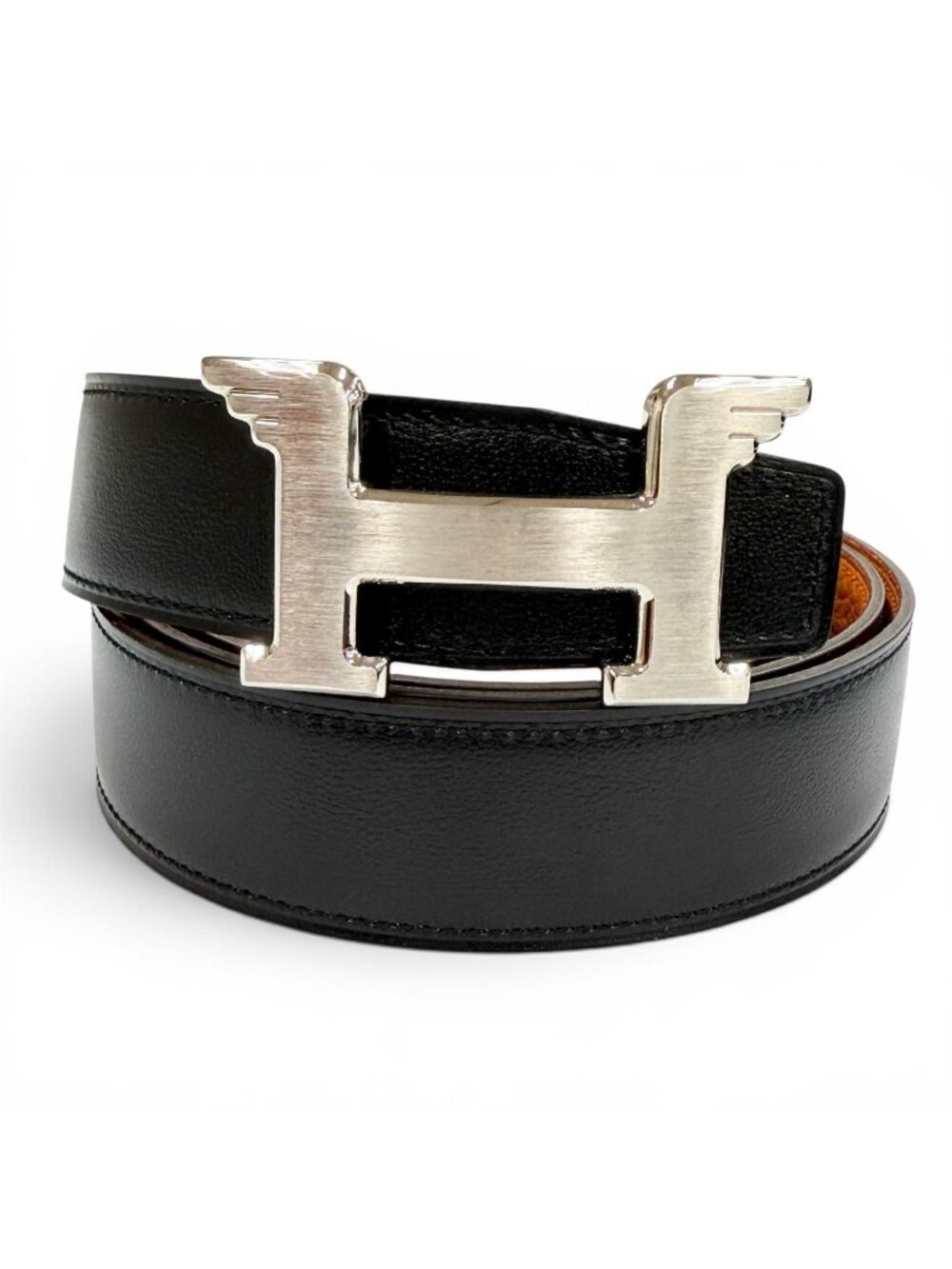 Hermes Constance Pegasus Box Calf Togo Silver Reversible Belt Black Orange